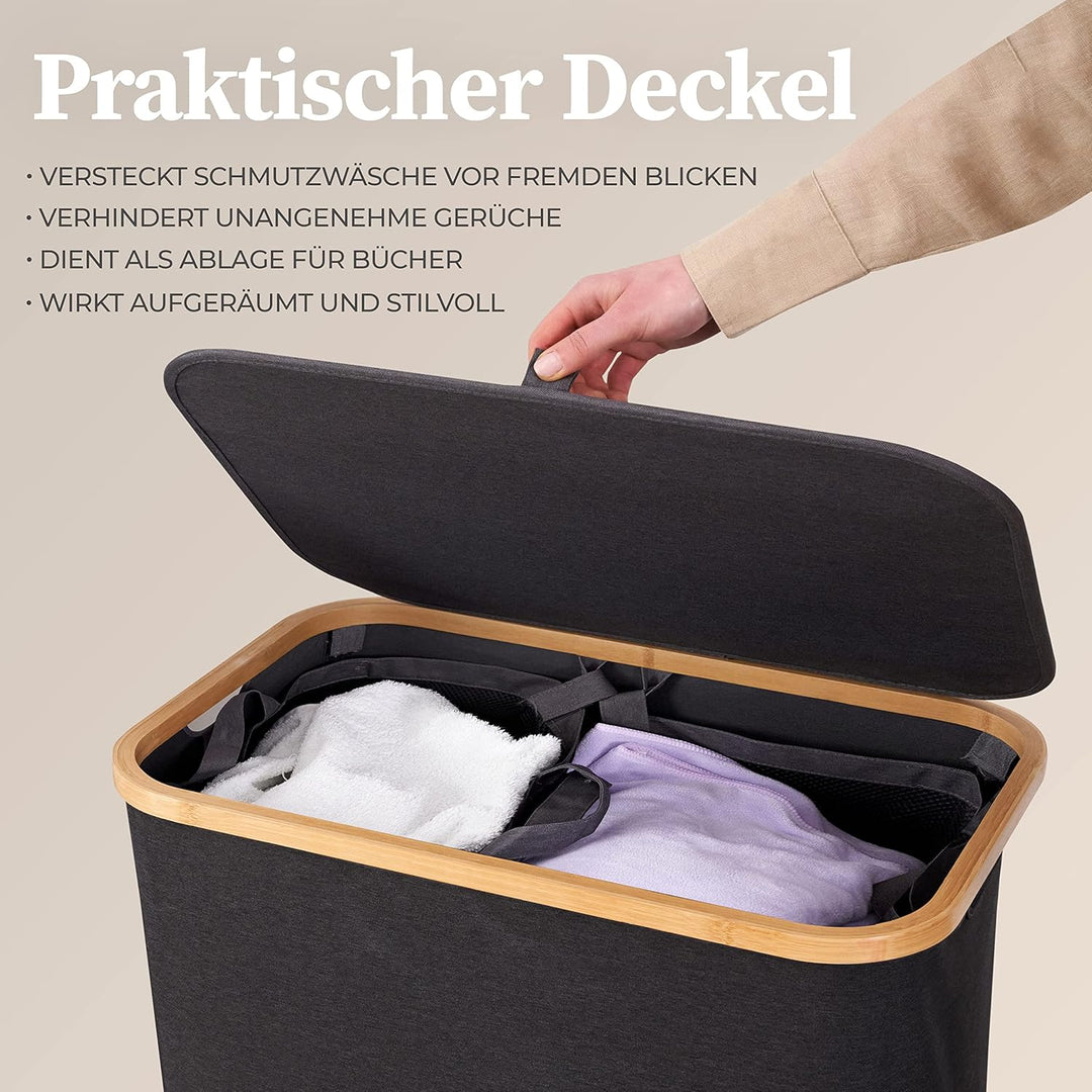 HENNEZ Wäschekorb mit Deckel 2 Fächer schmal grau 140L Wäschesack - Wäschesortierer Wäschebox Wäsche