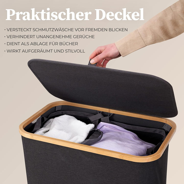 HENNEZ Wäschekorb mit Deckel 2 Fächer schmal grau 140L Wäschesack - Wäschesortierer Wäschebox Wäsche
