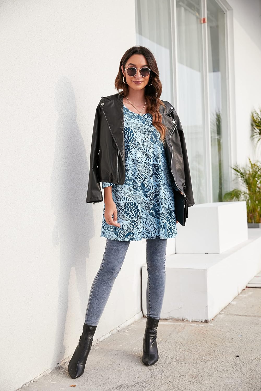 Enmain Damen Tunika Shirt Langarm/Kurzarm Bluse mit Blumen Longshirt Casual Elegante 3/4 Ärmel Rundh