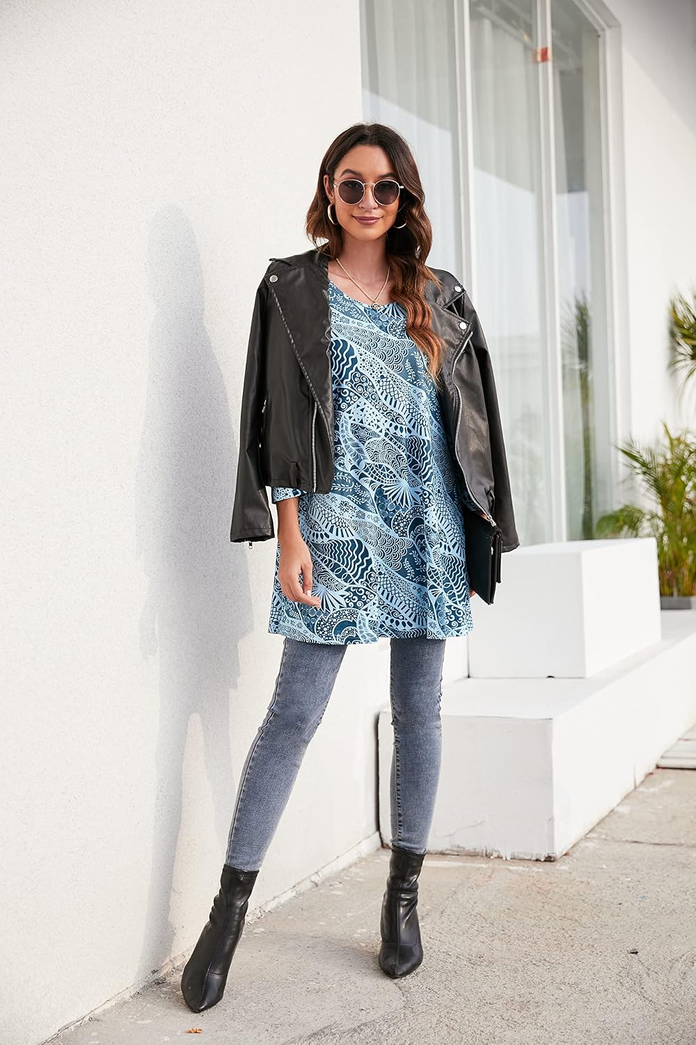 Enmain Damen Tunika Shirt Langarm/Kurzarm Bluse mit Blumen Longshirt Casual Elegante 3/4 Ärmel Rundh