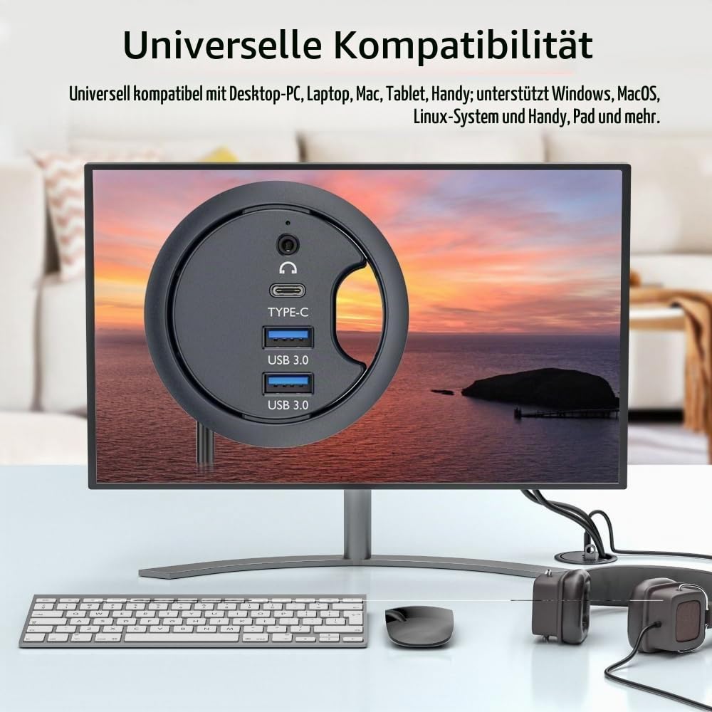 CY USB 3.0-Hub, Soundkarte, USB-C, 2 Anschlüsse, USB, 60 mm, Tischtülle, Splitter, Dockstation, Kopf