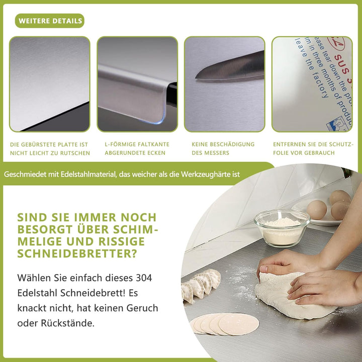 Edelstahl Schneidebrett 304- Edelstahl Knetplatte zum Kneten von Pizza, Brot, Kuchen, beidseitig mit