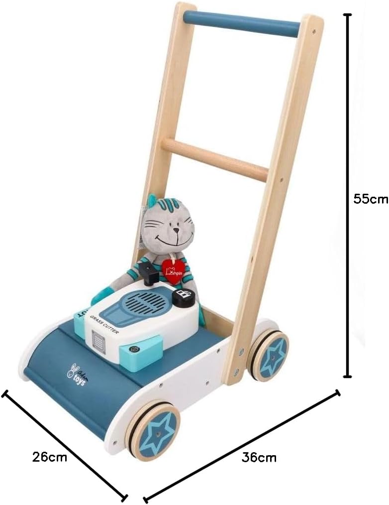 Holz Schieberasenmäher für Kinder ab 3 Jahren - Laufspielzeug mit Sound - 36x26x55 cm - Lauflernhilf