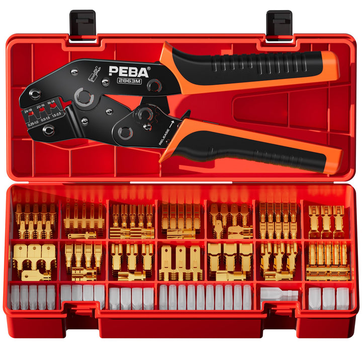 PEBA Crimpzange Flachsteckhülsen Set, mit 14 Arten Kabelschuhe Flachstecker 2,8/4,8/6,3mm, Crimpzang