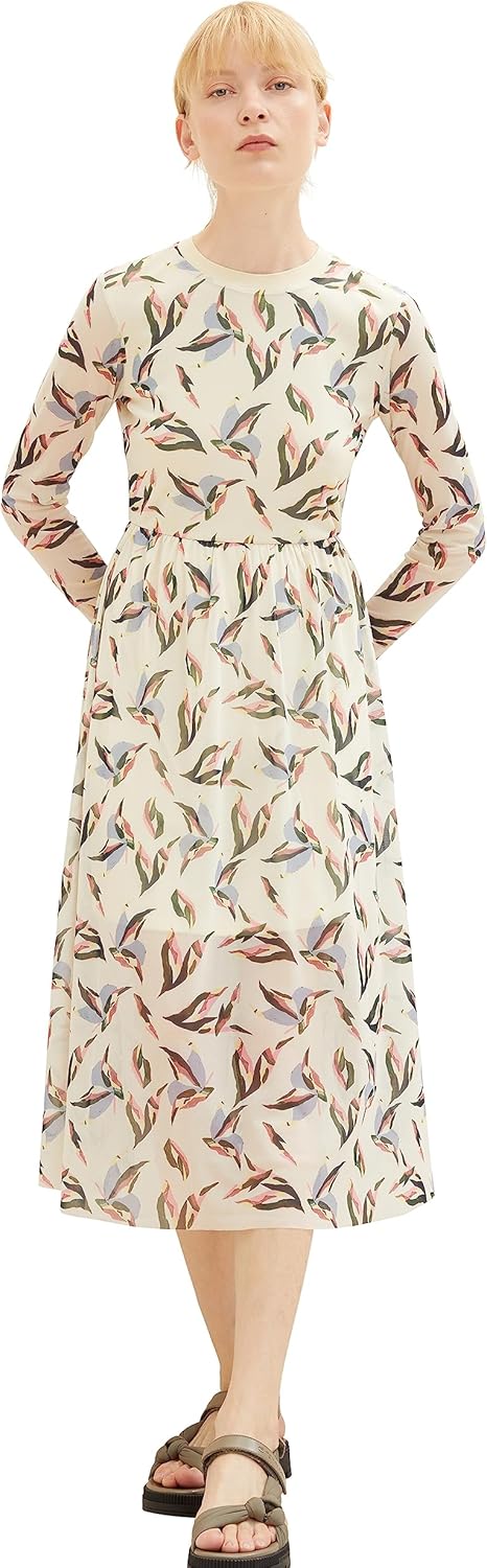 TOM TAILOR Denim Damen Mesh Kleid mit Muster S 27463-cream Abstract Print, S 27463-cream Abstract Pr