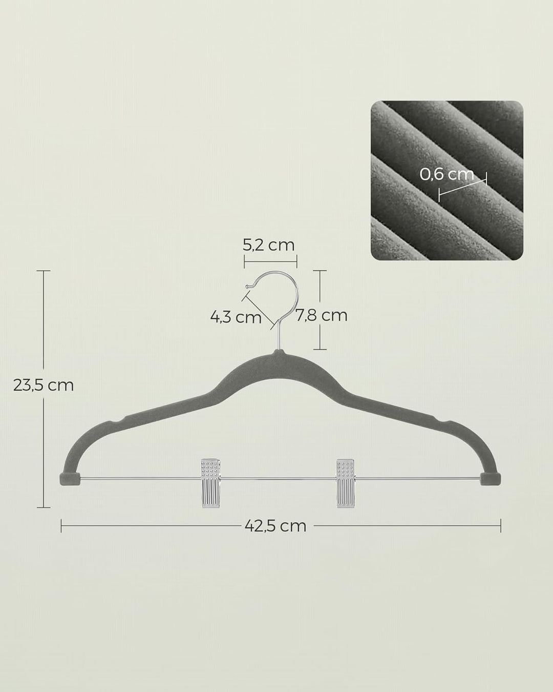 SONGMICS Kleiderbügel Samt, 10er Set, Rockbügel, 42,5 cm breit, mit verstellbaren Clips, rutschfest,