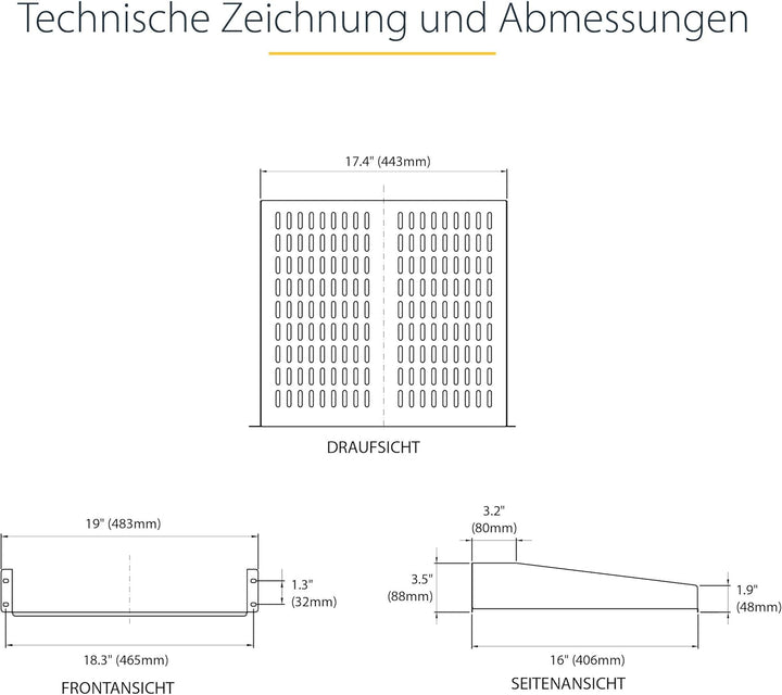 StarTech.com 2HE Server Rack Fachboden - Universelles perforiertes Rackablage für 19 Zoll Netzwerk/S