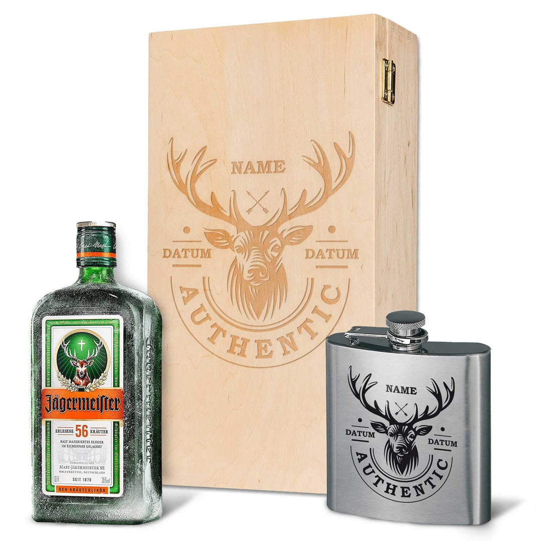 GRAVURZEILE Flachmann Geschenkset - Edelstahl Flachmann 150 ml mit Gravur im Set - inkl. Jägermeiste