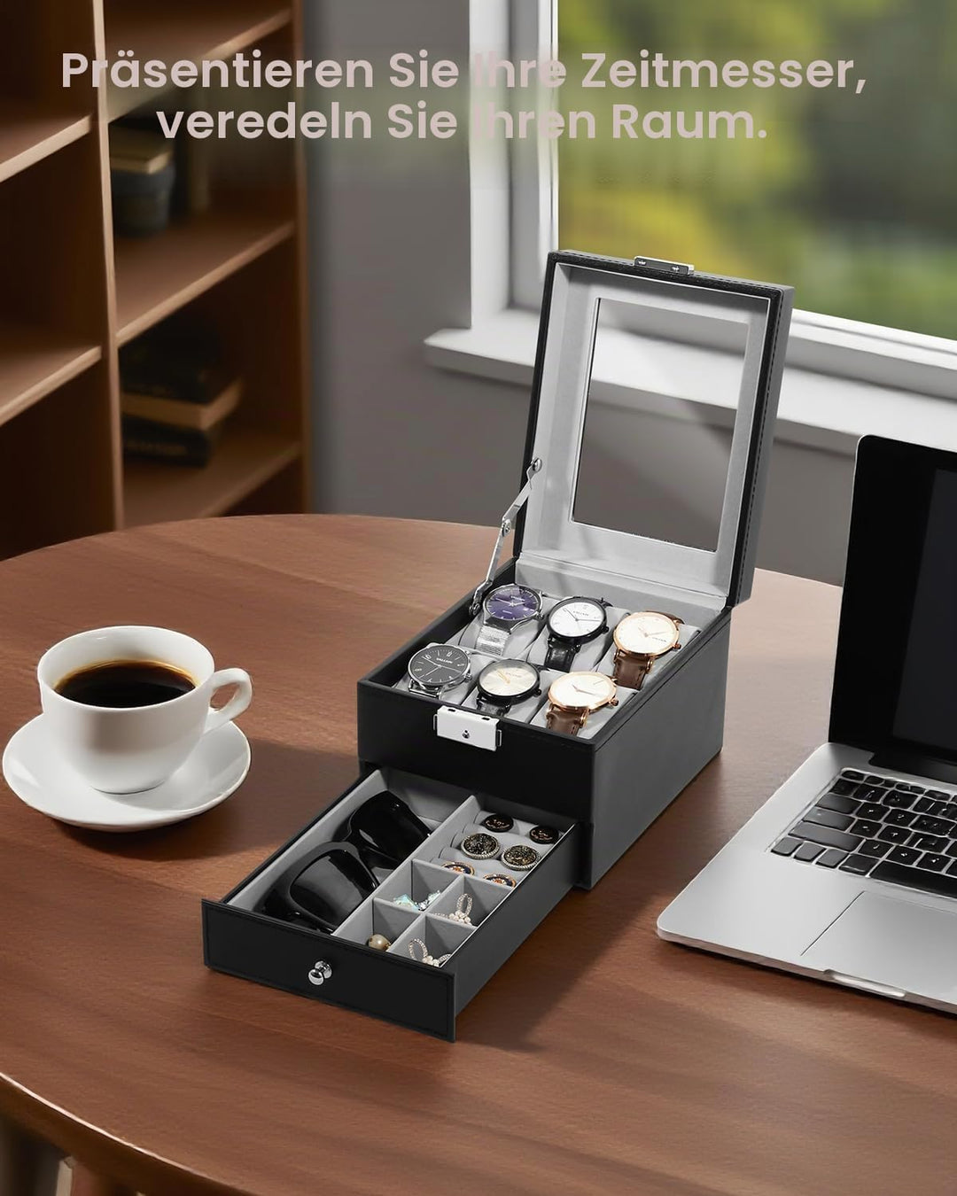Uten Uhrenbox, 6 Fächern und 1 Schublade mit Schlüsselschloss, Glasdeckel, Schwarzes PU, Graues Samt