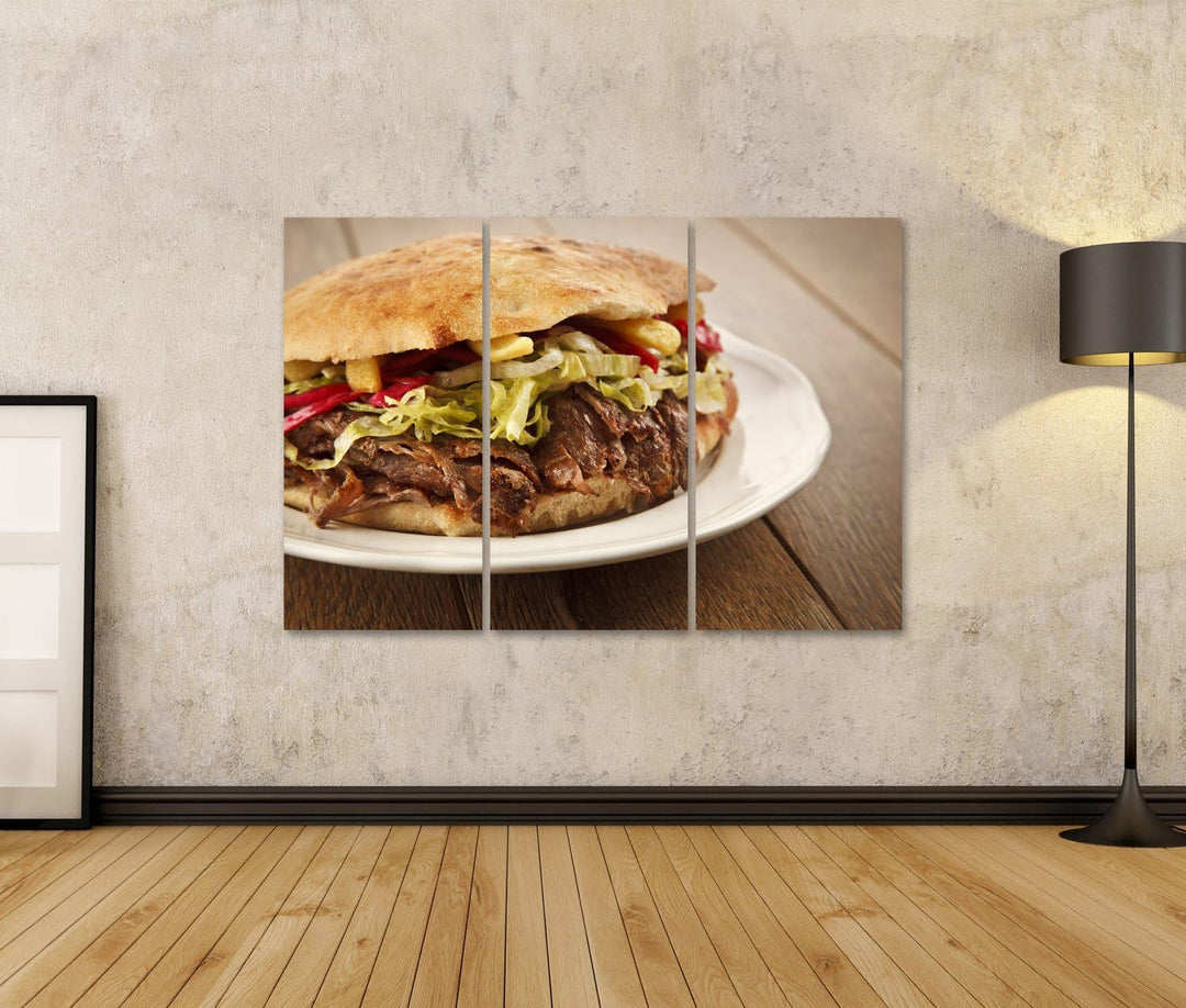 Bild Bilder auf Leinwand Döner Kebab - gegrilltes Fleisch, Brot und Gemüse Shawarma Sandwich Wandbil
