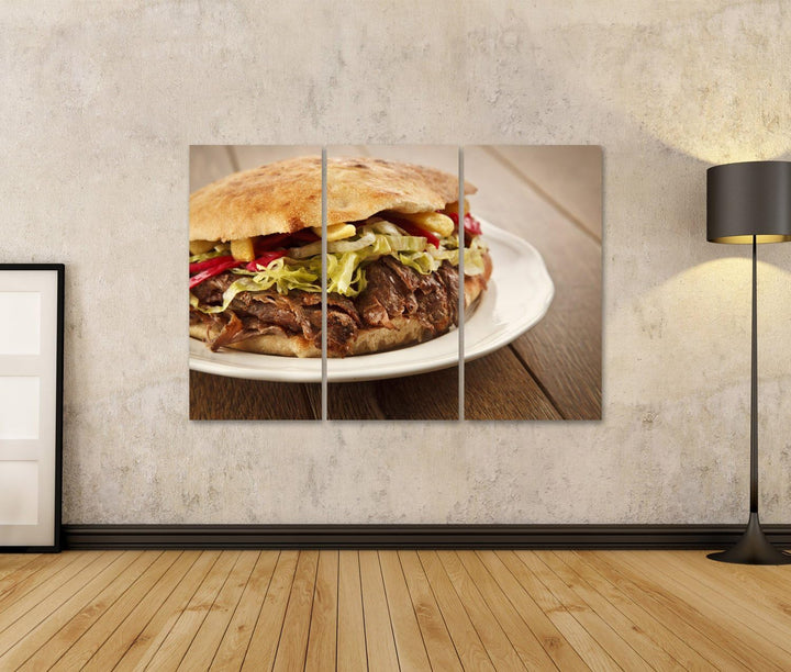 Bild Bilder auf Leinwand Döner Kebab - gegrilltes Fleisch, Brot und Gemüse Shawarma Sandwich Wandbil