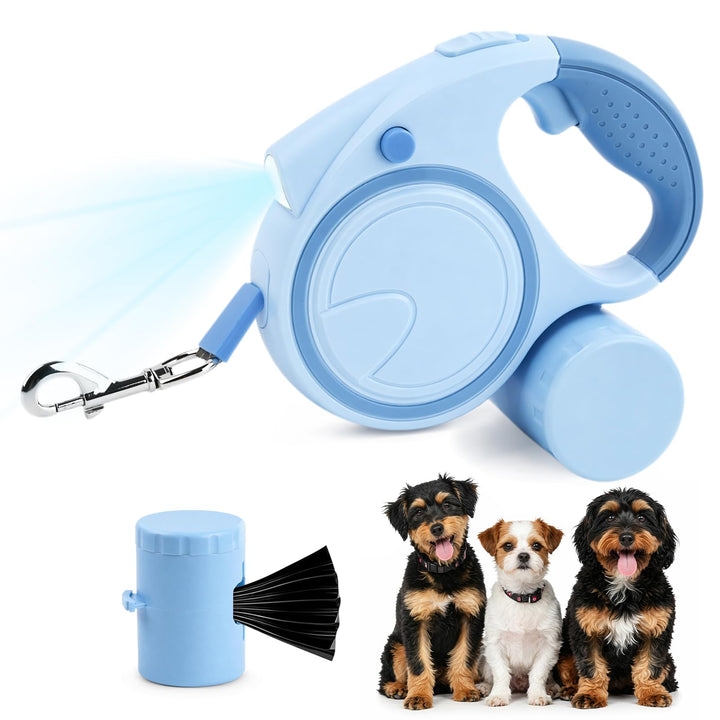 Hundeleine 5m, Ausziehbare Rollleine für Hunde mit LED-Licht und Kotbeutelhalter, 360° Verknotungsfr