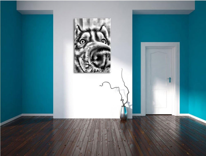Pixxprint Glücklicher Husky / 100x70cm Leinwandbild bespannt auf Holzrahmen/Wandbild Kunstdruck Deko