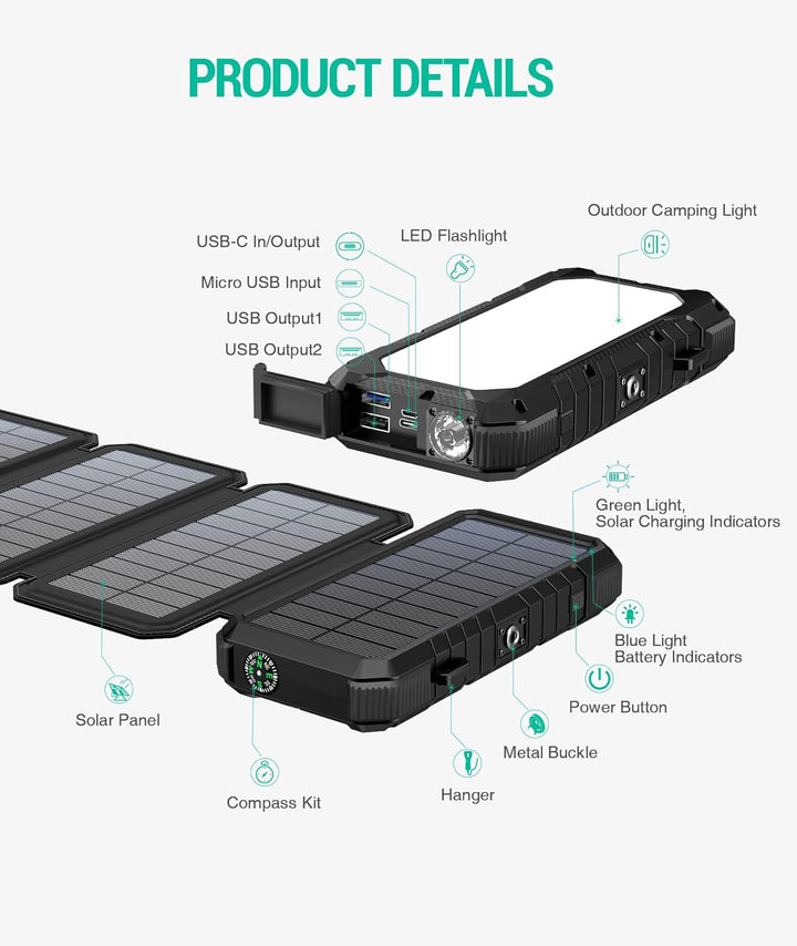 BLAVOR Solar Powerbank 20000mAh Tragbare Solar Ladegerät mit 4 Solarpanels, Outdoor wasserfester ext