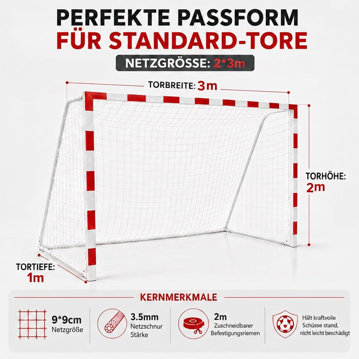Handballnetz 3x2m Polypropylen mit 2m Befestigungsseil, 2er Set