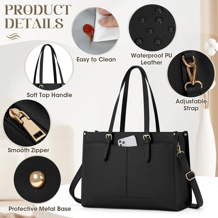 RAINSMORE Laptoptasche Arbeitstasche Damen Gross mit Isolierted Kühlfach Schwarz, Schwarz