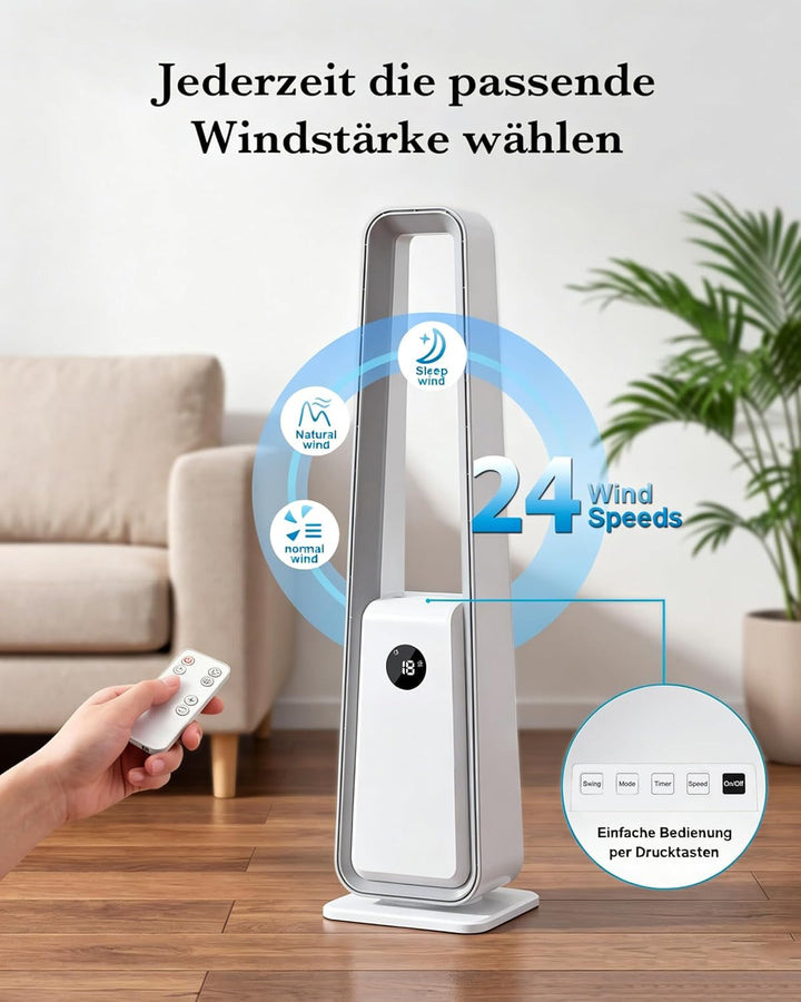 Rotorloser Ventilator, Turmventilator mit Fernbedienung, Standventilator ohne Rotorblätter, 24 Gesch