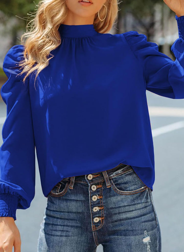 Dokotoo Damen Bluse Elegant Business Chiffonbluse Einfarbig Stehkragen Puffärmel Oberteil Tops S-XXL