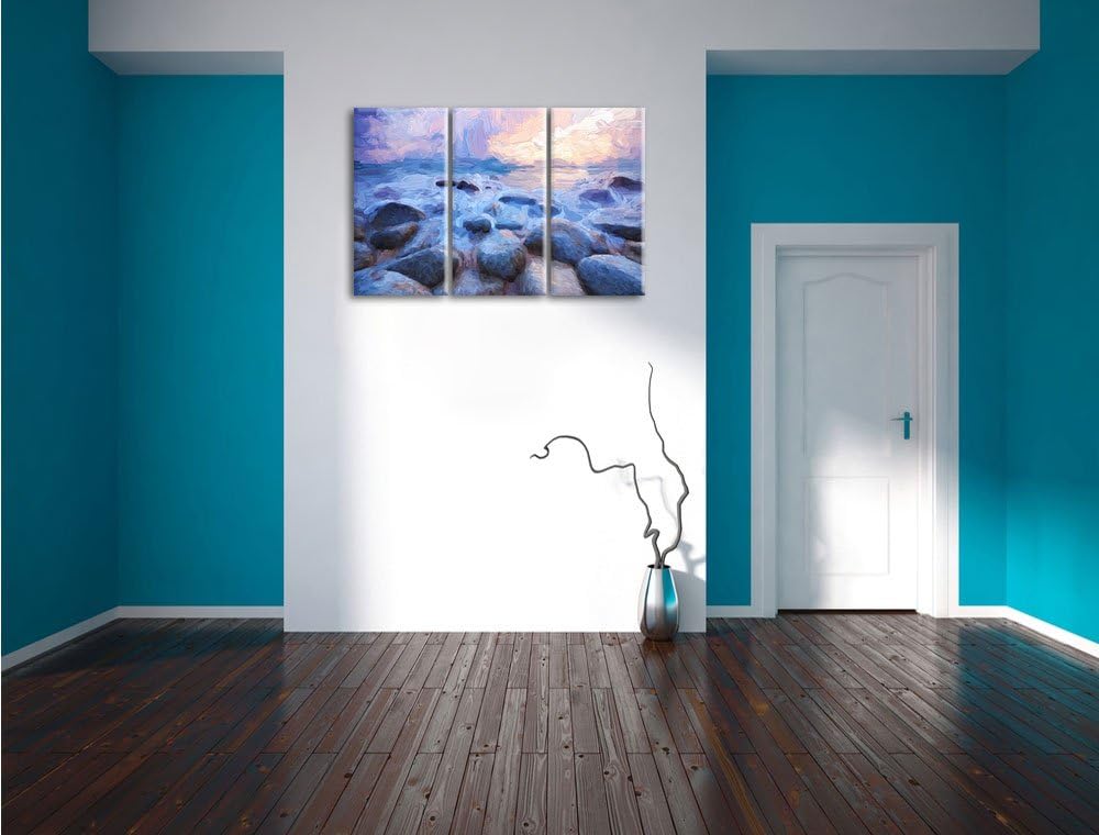 Pixxprint Romantisches Meer Pinsel Effekt 3-Teiler Leinwandbild 120x80 Bild auf Leinwand