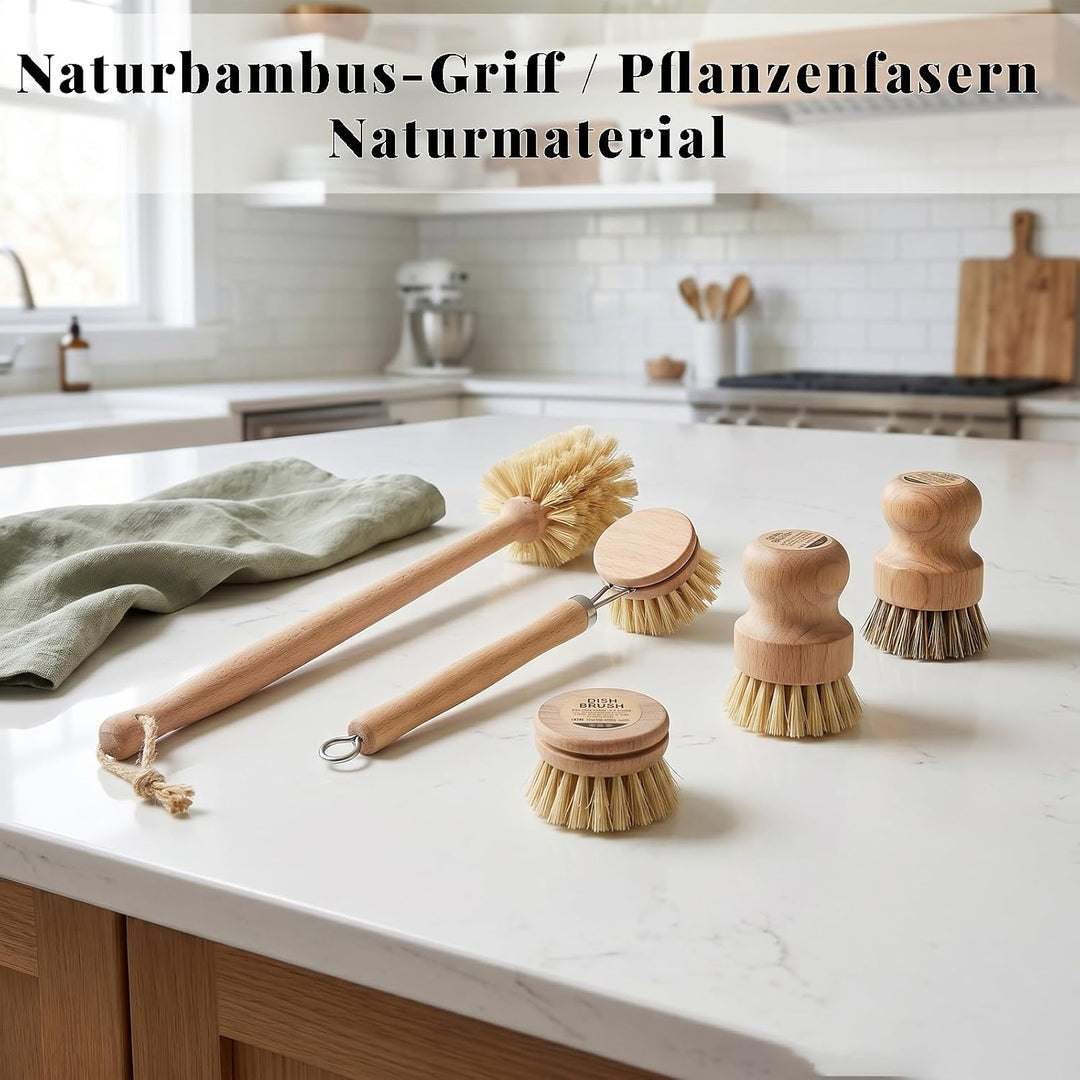 5 Stück Bambus Spülbürsten-mit Spülbürste Holz, 14’’ Flaschenbürste, Ersatzköpfen, Abwaschbürste*2 -
