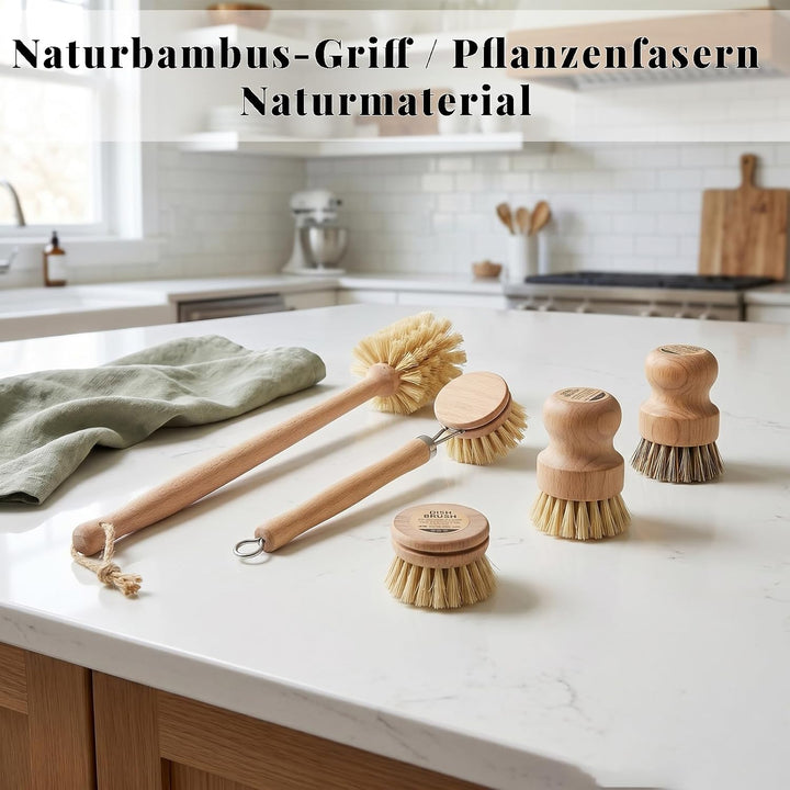 5 Stück Bambus Spülbürsten-mit Spülbürste Holz, 14’’ Flaschenbürste, Ersatzköpfen, Abwaschbürste*2 -