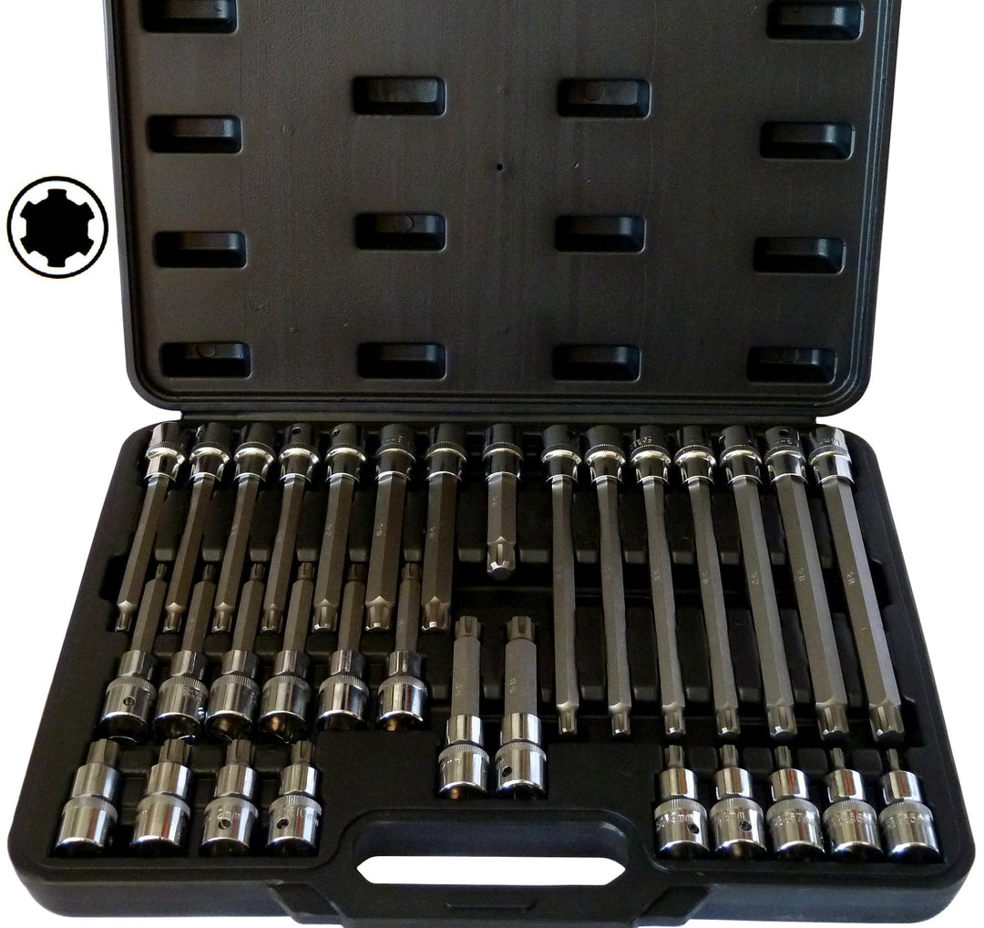 PeTools, 32tlg. RIBE, Keilnut (+15% Härtegrad, da S2-Stahl) 1/2" Steckschlüssel-Satz, M5-M14 Bit-Ein