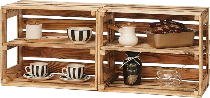 GrandBox Geflammte Holz-Kiste 50x40x30cm 2er Set, mit Mittelbrett, Wein-Kiste, Obst-Kiste, Kaminholz