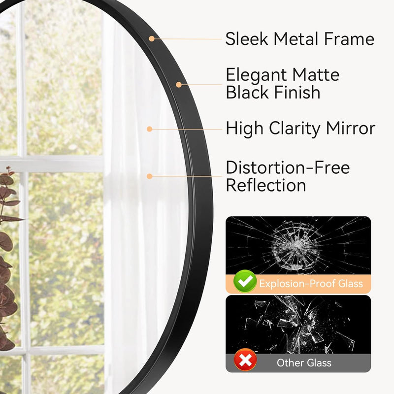 TEMFAU ⌀50 cm Spiegel Rund mit Metallrahmen, Dekorative HD Wandspiegel Schwarz, einfache Montage für