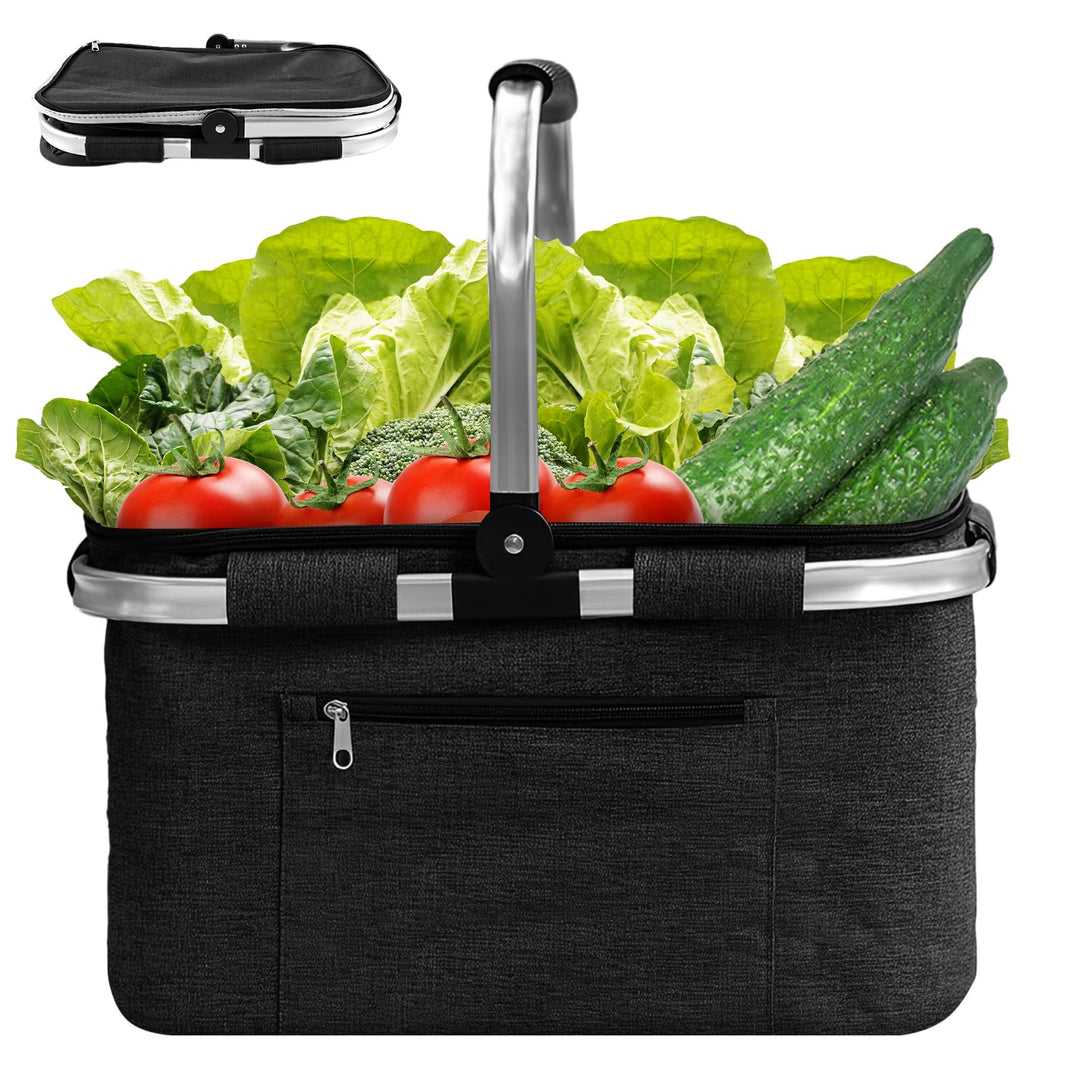 VIDETOL Einkaufskorb Faltbar, 33L Kühltasche Picknickkorb Gross, Schwarze Kühlkorb mit Deckel und Al