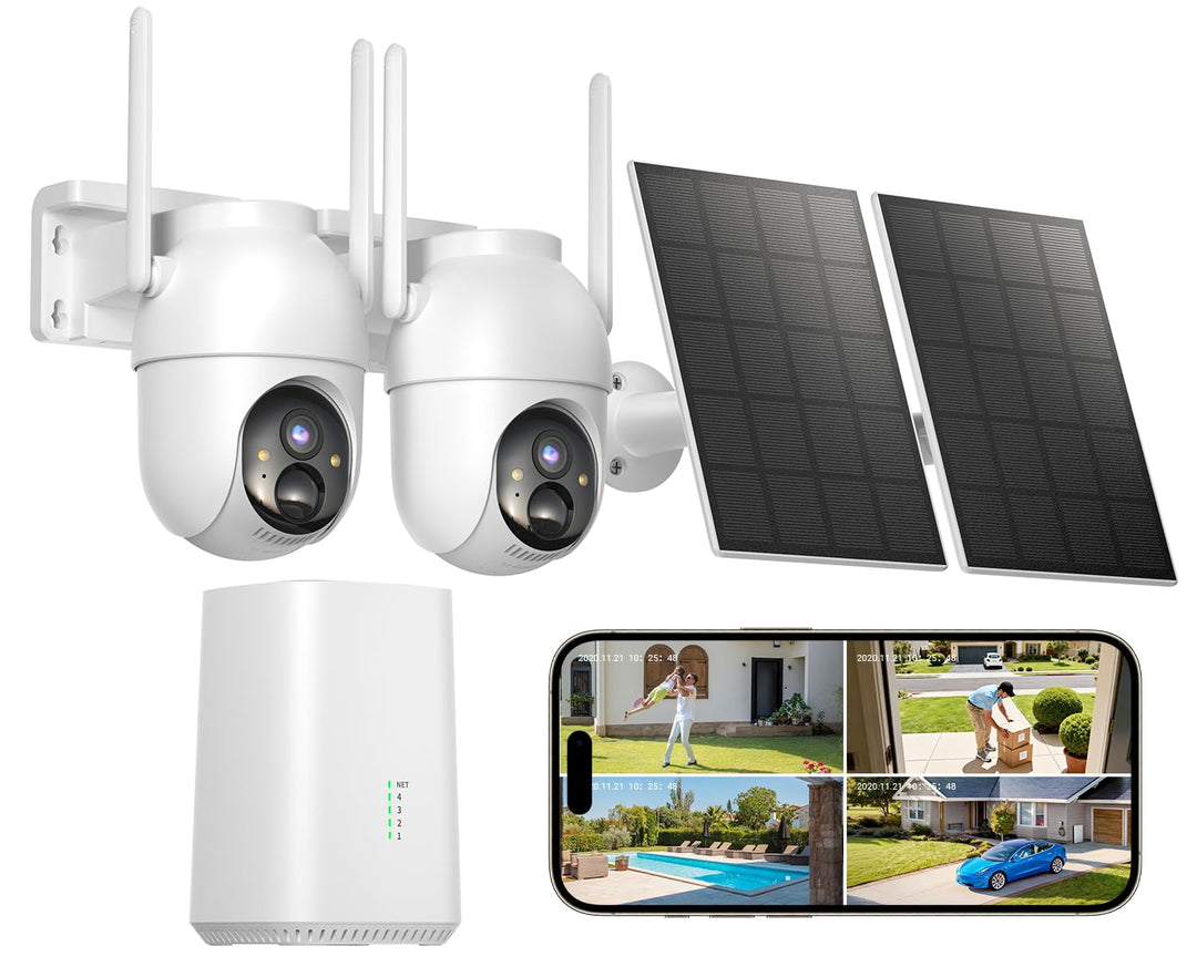 2K Überwachungskamera Aussen Akku Solar, 2-Cam-Set mit Basisstation | 360° PTZ Kabellos, 32G Lokaler