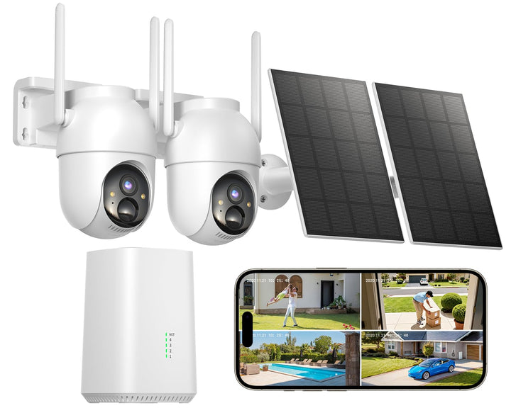 2K Überwachungskamera Aussen Akku Solar, 2-Cam-Set mit Basisstation | 360° PTZ Kabellos, 32G Lokaler