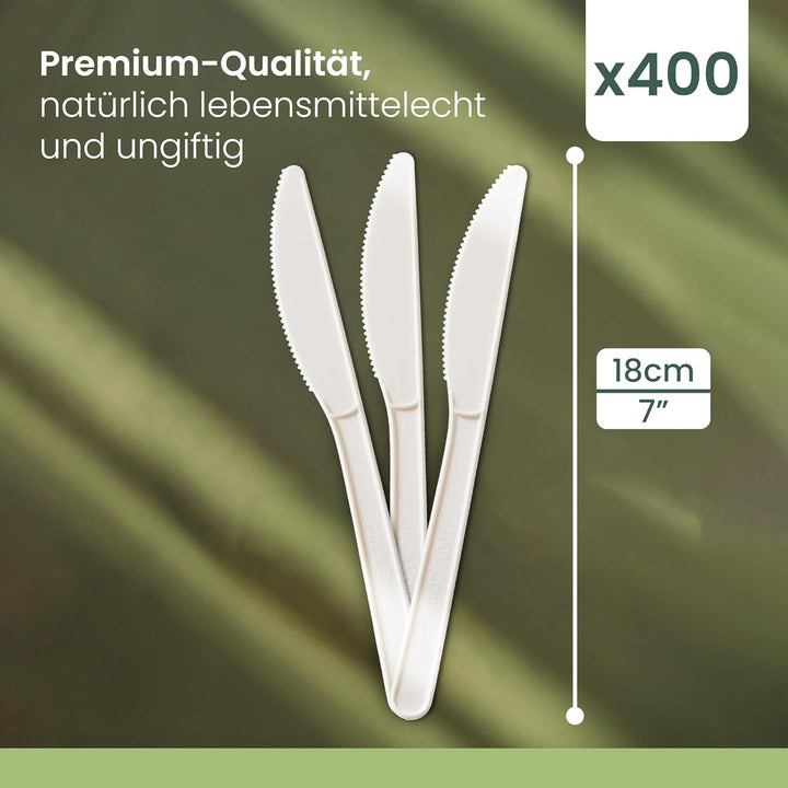 HAAGO 400 Messer Besteck Wiederverwendbar - Biologisch Abbaubar (Weiss, 17,7 cm) - Umweltfreundliche