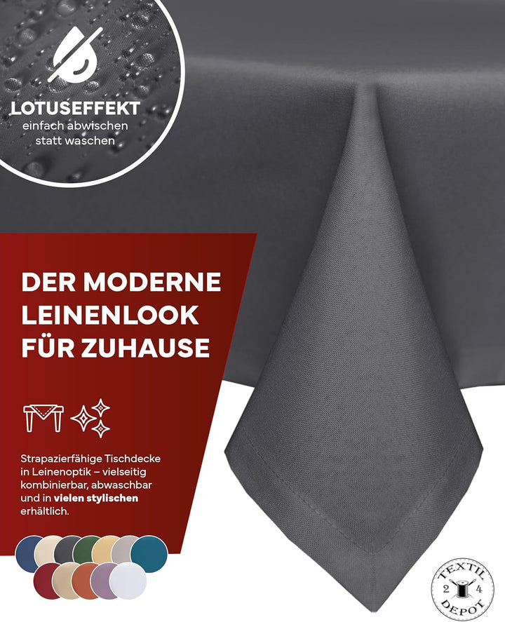 texpot Gartentischdecke 130 x 300 cm in Dunkelgrau mit Leinen Optik Lotuseffekt Fleckschutz Bügelfre
