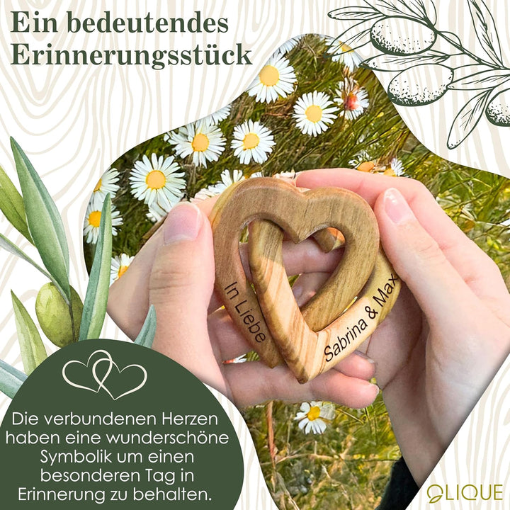 Holzherzen personalisiert, Olivenholz - Verbundene Holz Herzen mit Gravur als individuelles Geschenk