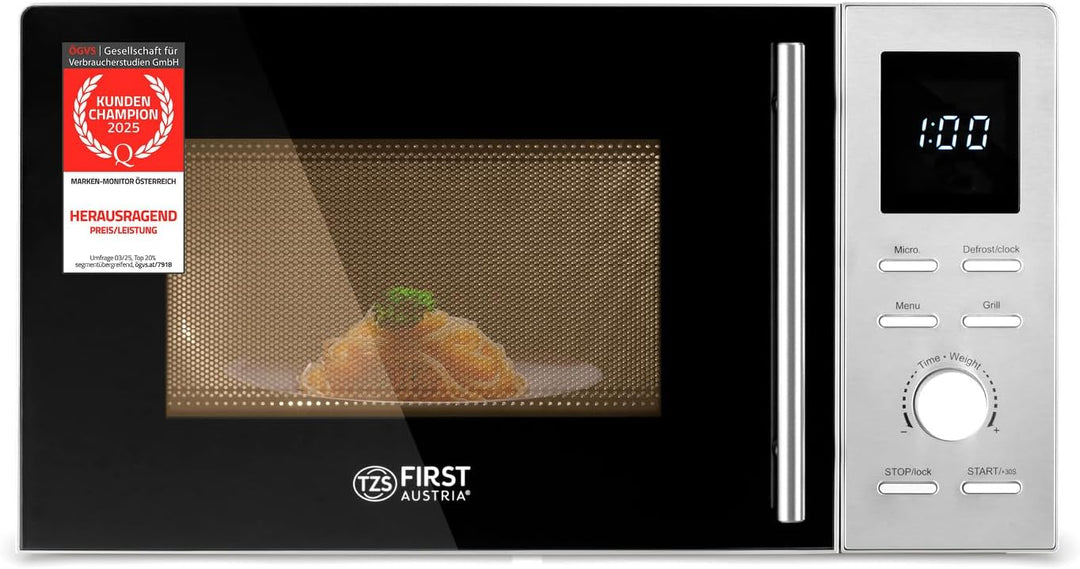 TZS First Austria 2-in-1 Mikrowelle mit Grill, 700W, 900W Grill, digital, 20L Kapazität, LED-Display