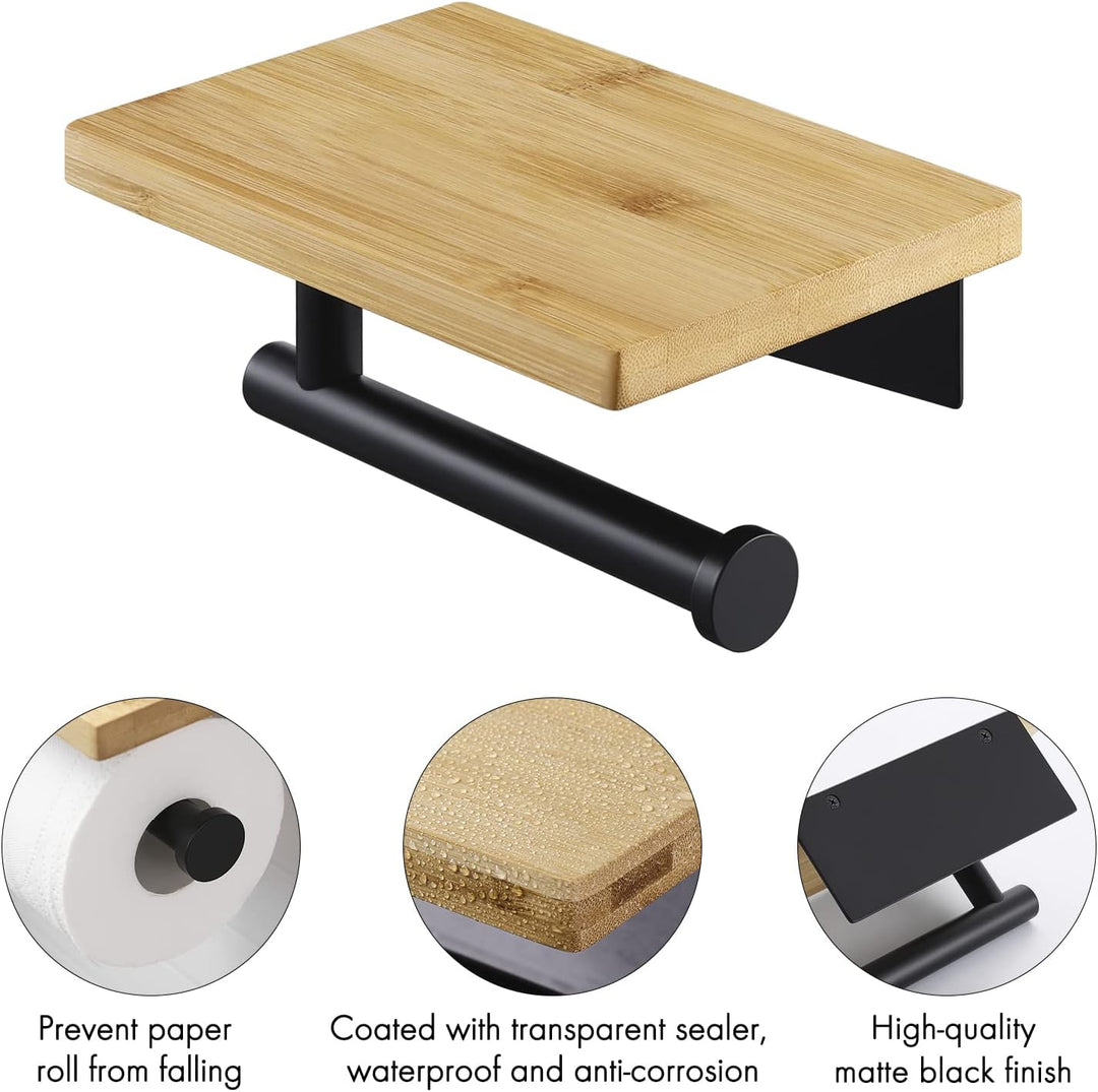 KES Toilettenpapierhalter ohne Bohren mit Bambus-Ablage Klopapierhalter Schwarz Klorollenhalter WC P