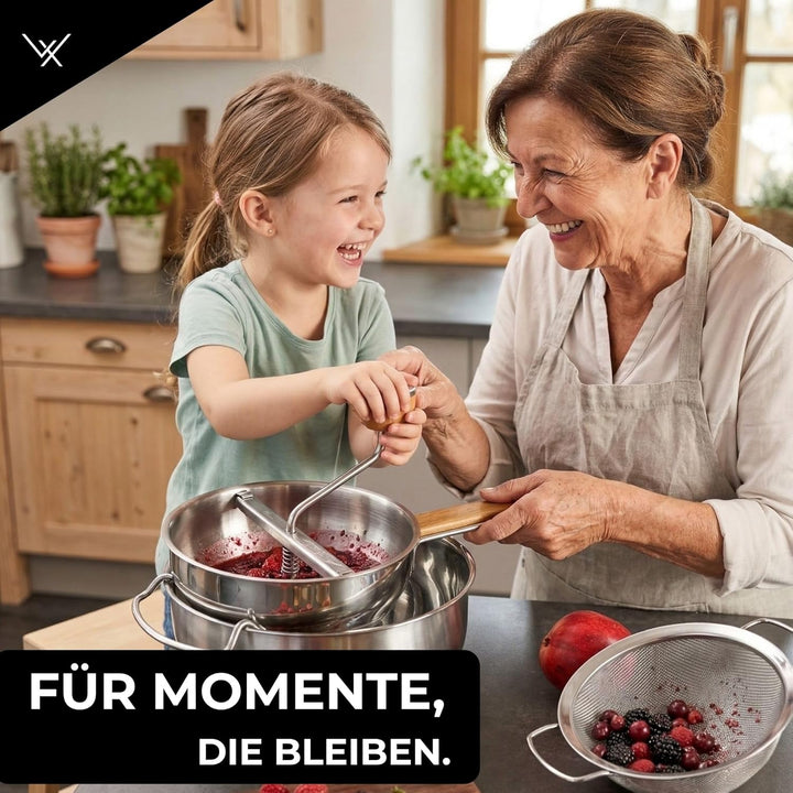 VALUXE® Premium Passiermühle Edelstahl mit 3 Passiersieb-Einlagen – mit 2,3 L Füllvolumen und rutsch