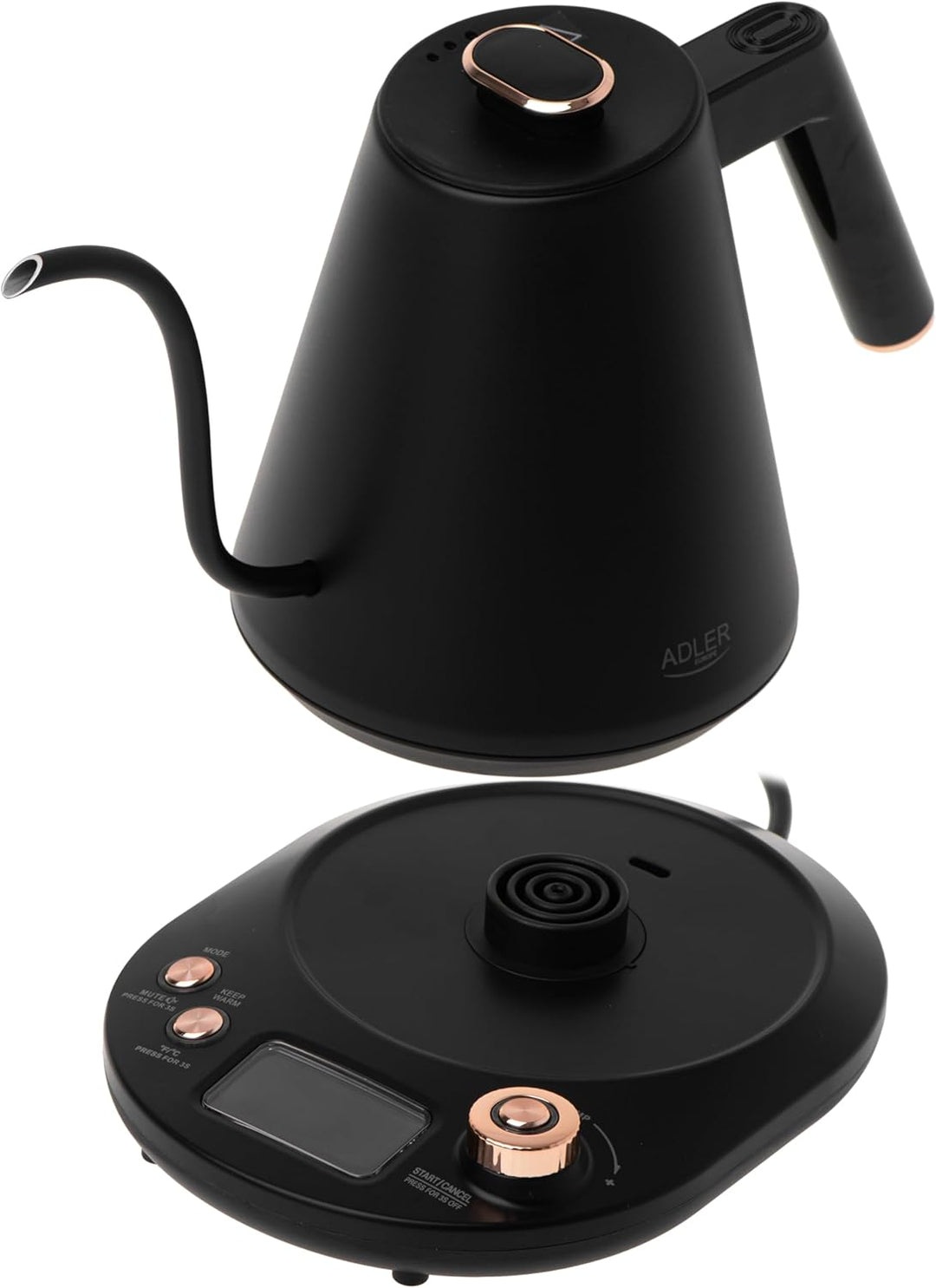 ADLER EUROPE AD 1349 Wasserkocher 1L – Schwarz-Gold, LED-Temperaturanzeige, 900W, Temperaturregulier