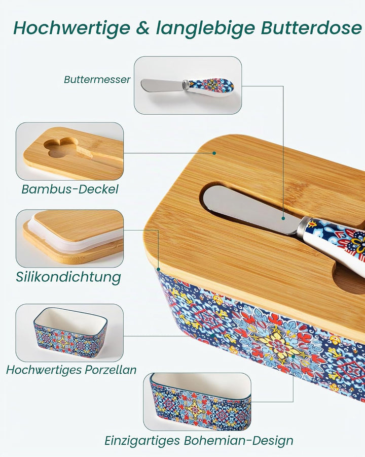 vancasso SIMI Butterdose, Hochwertige Butterglocke, Butterdose Keramik mit Messer und Holzdeckel, Bö