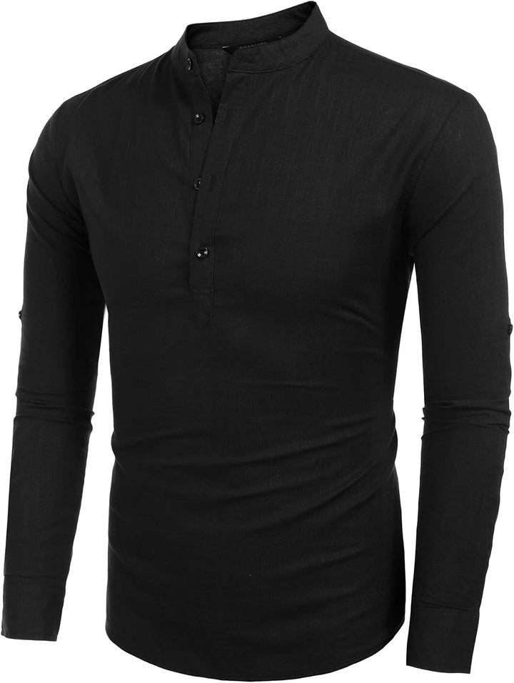 COOFANDY Herren Hemd Langarm Henley Shirt Leinenhemd Baumwolle Casual Regular Fit Sommerhemd Schwarz