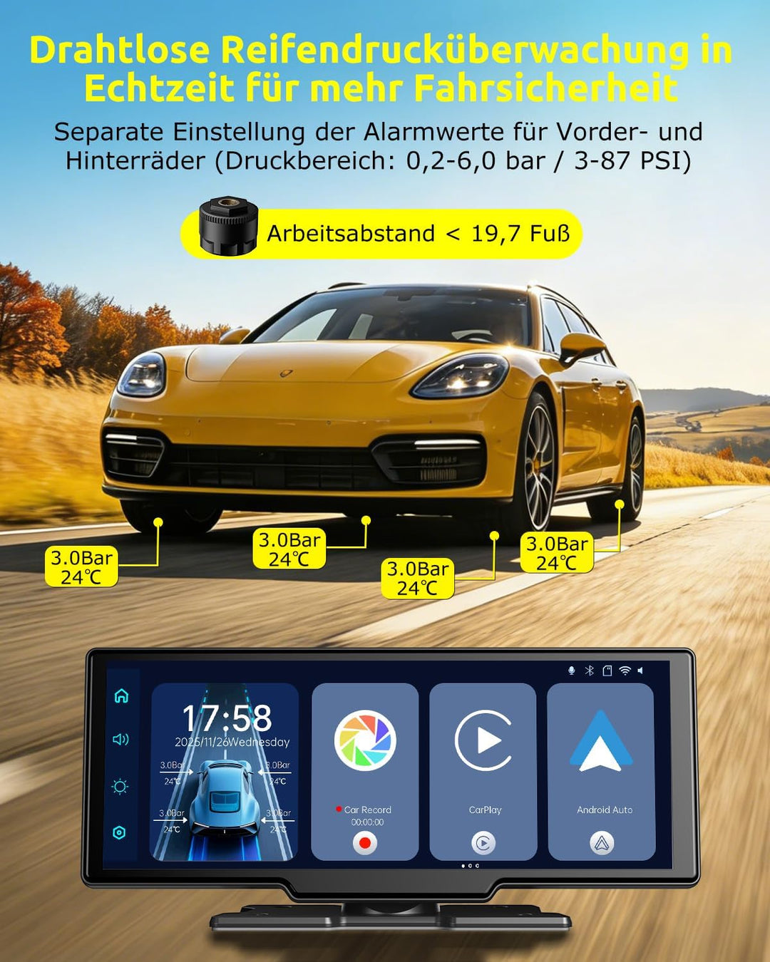 ESSGOO 10.26 Zoll Kabelloses CarPlay Display mit 4K Dashcam,1080P Rückfahrkamera &amp; 4 Reifendruckkont