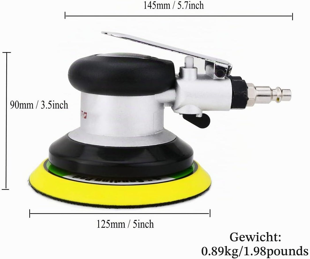 Exzenterschleifer Druckluft 125mm, Mini Polierer Professional Schleifmaschine Set, 10000 U/min (Silb