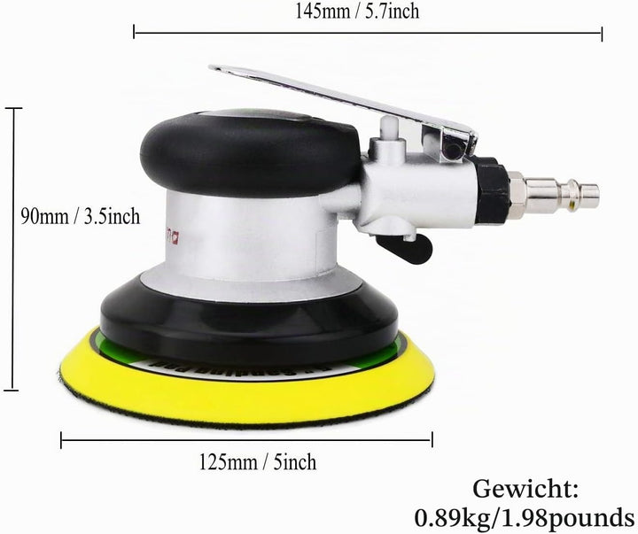 Exzenterschleifer Druckluft 125mm, Mini Polierer Professional Schleifmaschine Set, 10000 U/min (Silb