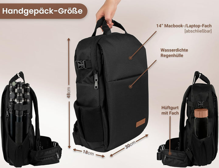 ENTDECKBAG Kamerarucksack Diebstahlsicher [mit Hüftgurt] Stauraum 14” Laptopfach Fotorucksack für Sp