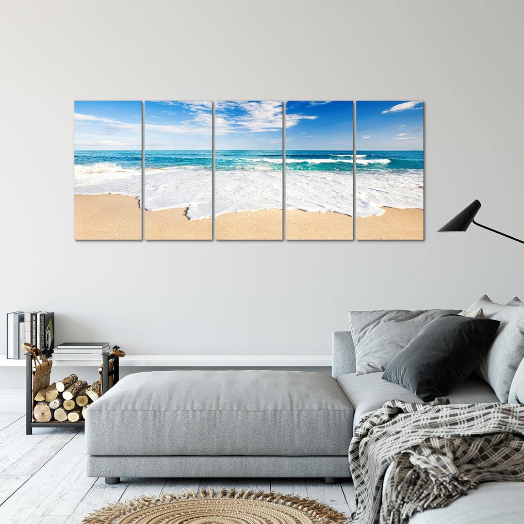 Runa Art Wandbild XXL Strand Meer Schlafzimmer Wohnzimmer 200 x 80 cm Beige Blau 5 Teilig - Made in