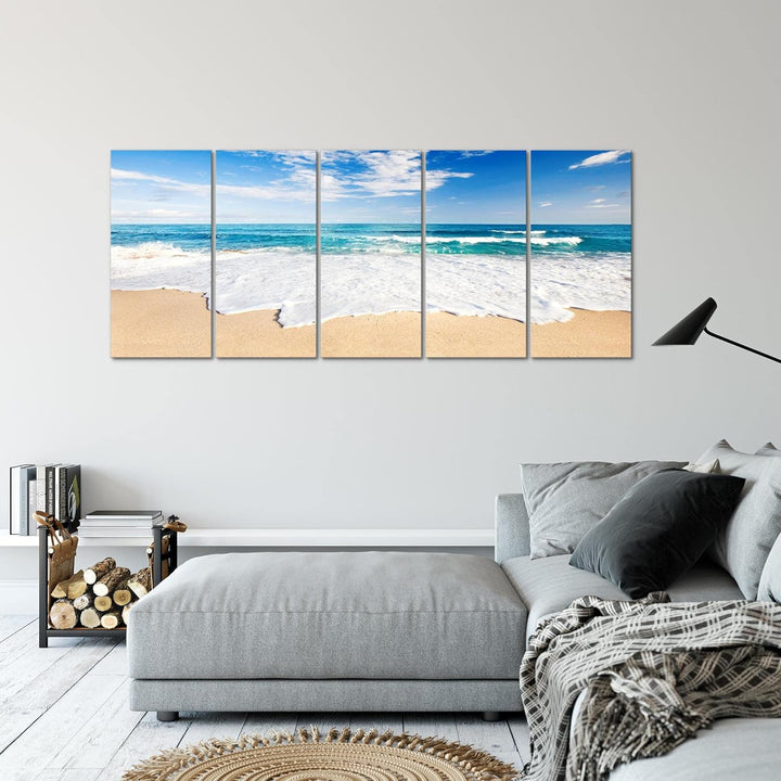 Runa Art Wandbild XXL Strand Meer Schlafzimmer Wohnzimmer 200 x 80 cm Beige Blau 5 Teilig - Made in