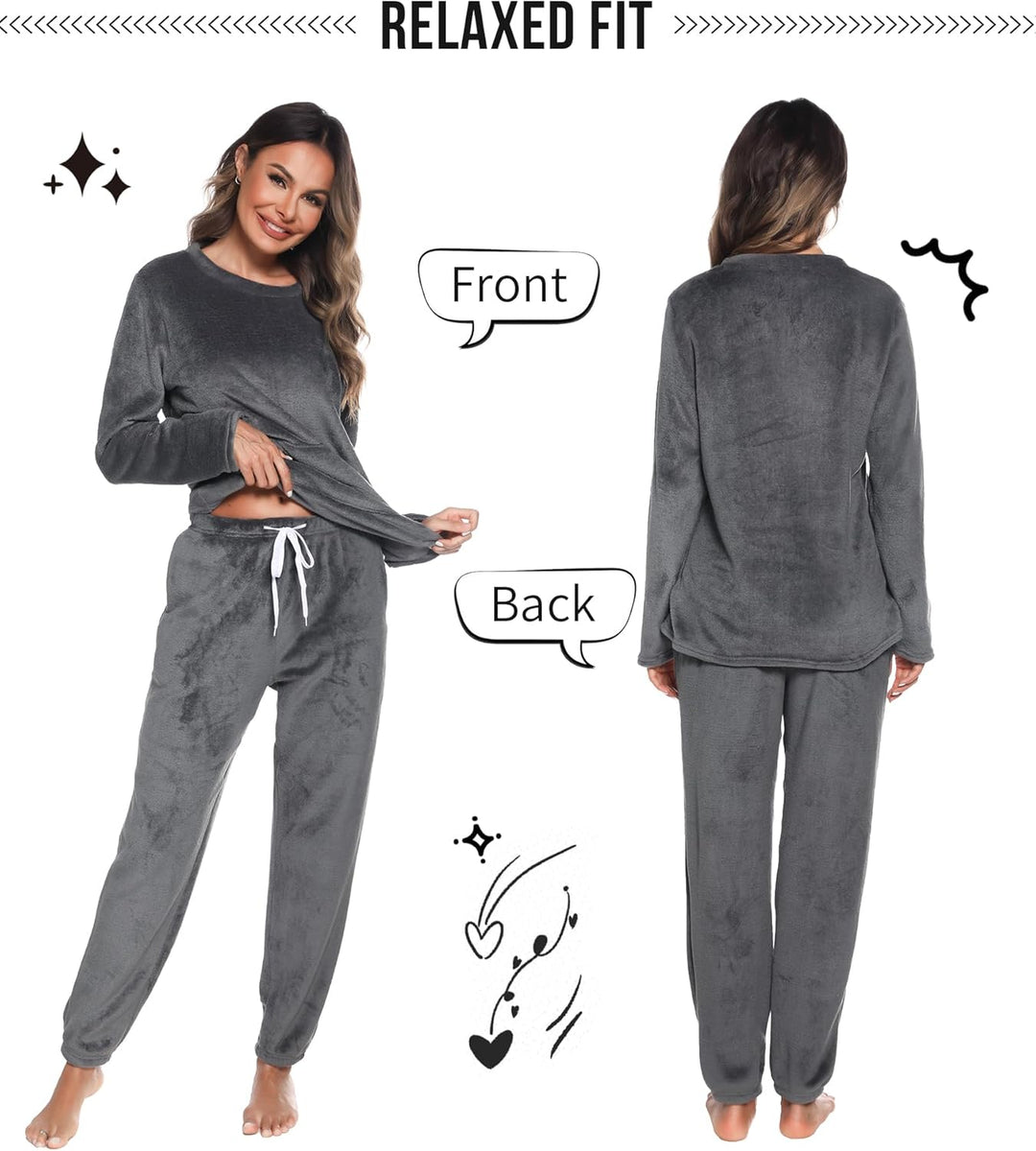 Lovasy Fleece Schlafanzug Damen Lang Winter Warmer Pyjama Set Flauschiger Frottee Schlafanzüge für D