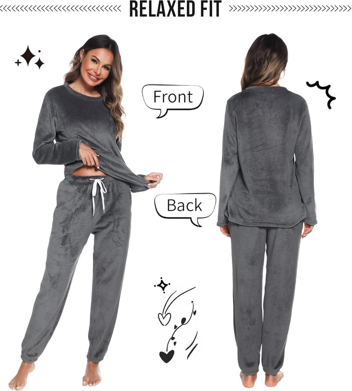 Lovasy Fleece Schlafanzug Damen Lang Winter Warmer Pyjama Set Flauschiger Frottee Schlafanzüge für D
