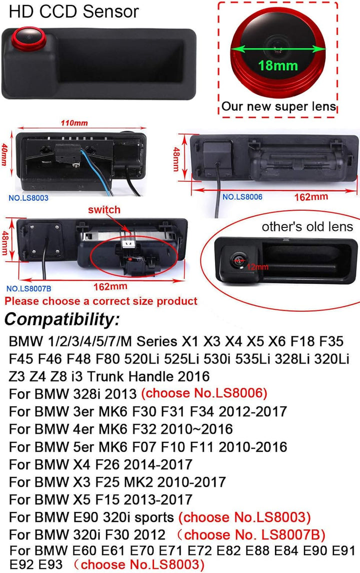 【Cool Rot】1000TV-Linien Hochwertiges 18mm-Objektiv Auto Kofferraumgriff Rückfahrkamera, für BMW 1/2/
