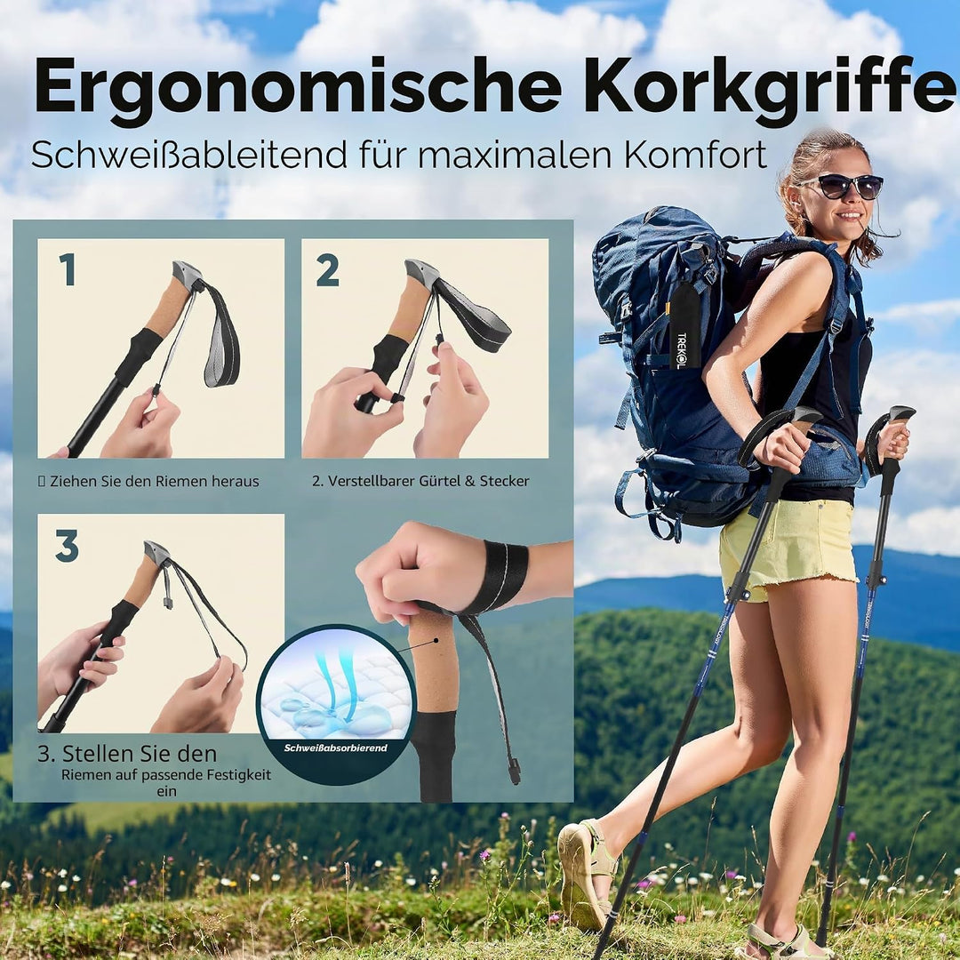 TREKOLOGY Wanderstöcke Faltbar – Leichte, Verstellbare Aluminium Walking Stöcke mit Korkgriffen – Ko